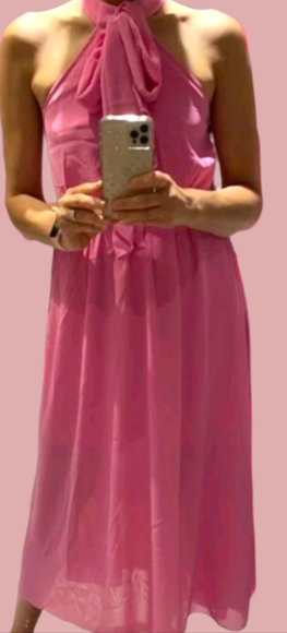 💗NWT Hot Pink Chiffon Halter Midi Classic 💗 - Picture 7 of 7